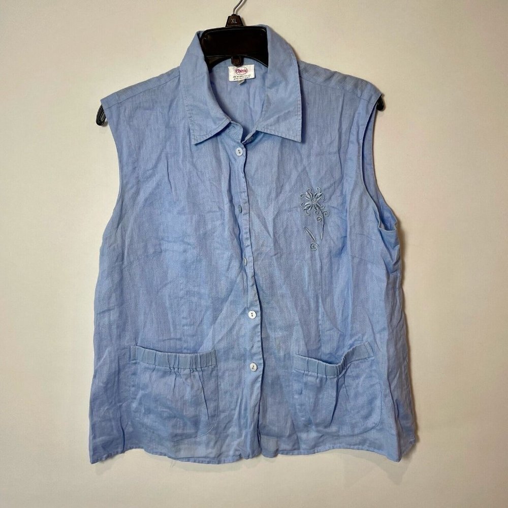 Cherie Linen Button Up Blouse Womens Size 50 Blue Sleeveless Embroidered Vintage